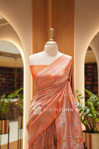 Silk Brocade Saree For Women Burnt Orange CLOSE VIEW