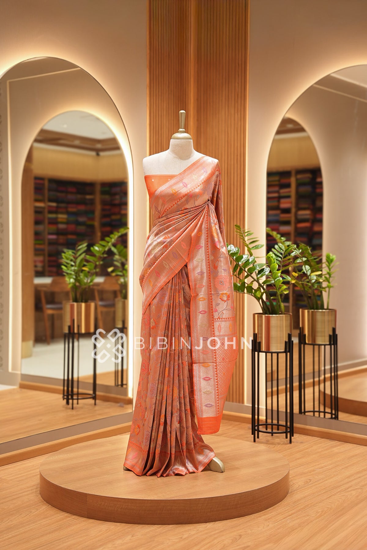Silk Brocade Saree For Women Burnt Orange