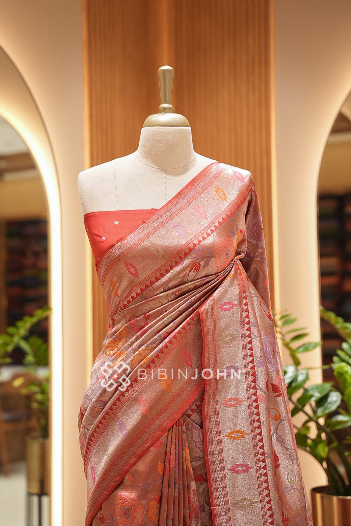 Silk Brocade Saree For Women Rust Red  CLOSE VIEW