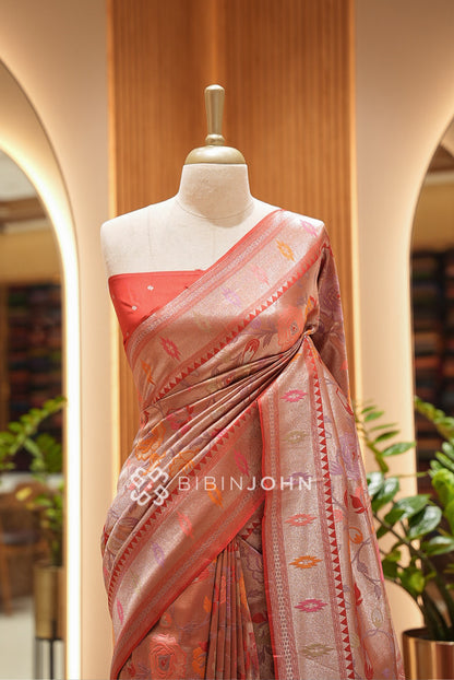 Silk Brocade Saree For Women Rust Red  CLOSE VIEW