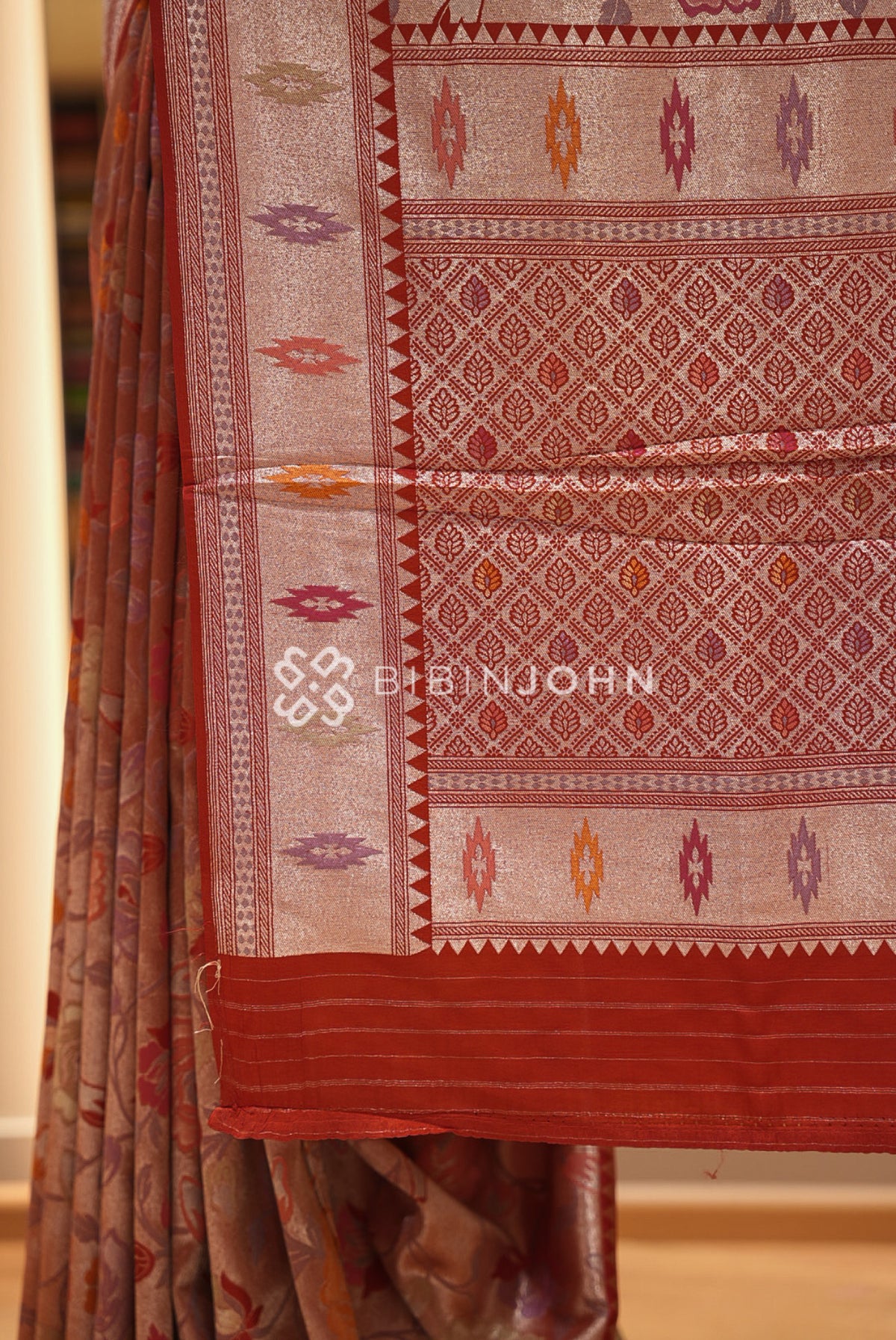Silk Brocade Saree For Women Rust Red  PALLU