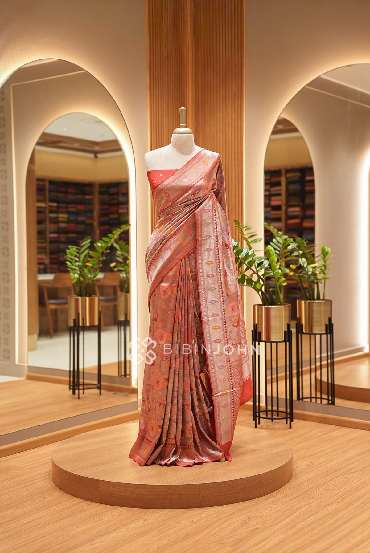 Silk Brocade Saree For Women Rust Red 