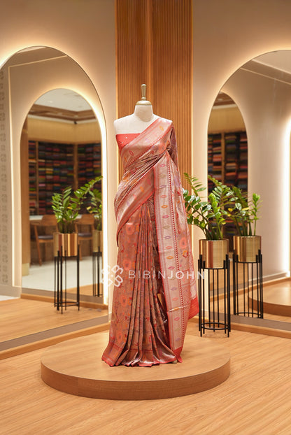 Silk Brocade Saree For Women Rust Red 