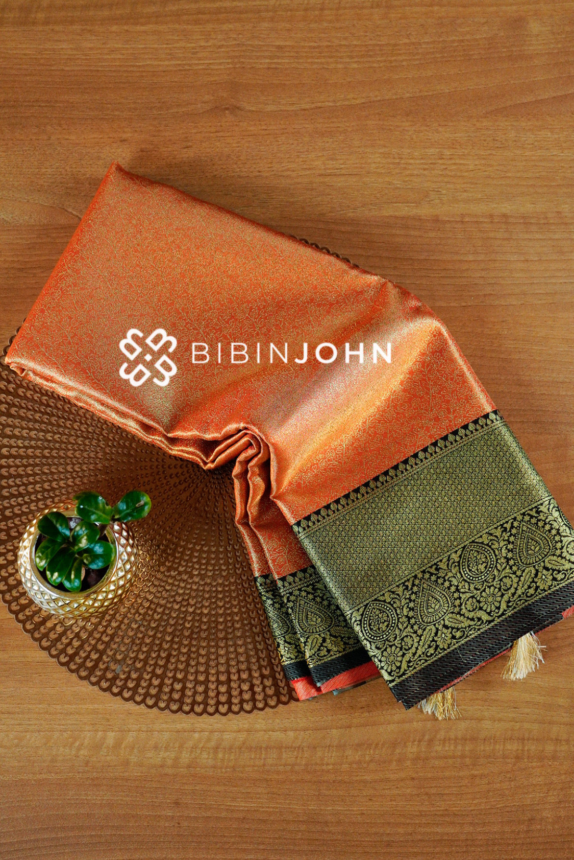 Semi Tissue Silk Saree For Women Copper Orange and Black
