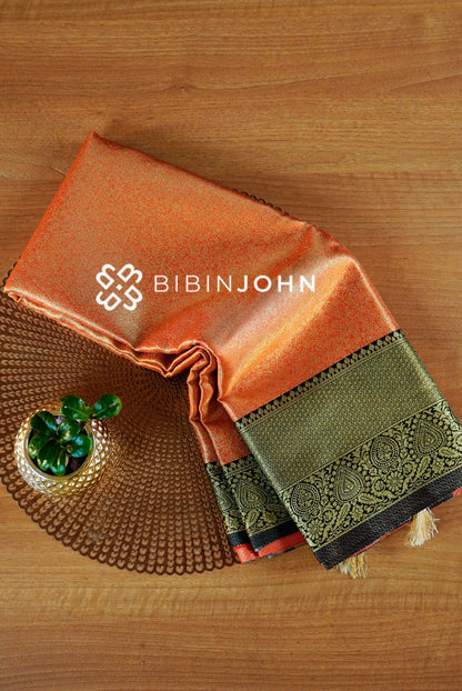 Semi Tissue Silk Saree For Women Copper Orange and Black