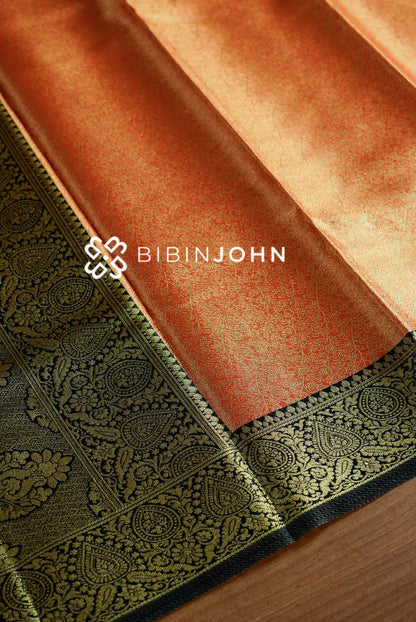 Semi Tissue Silk Saree For Women Copper Orange and Black pallu
