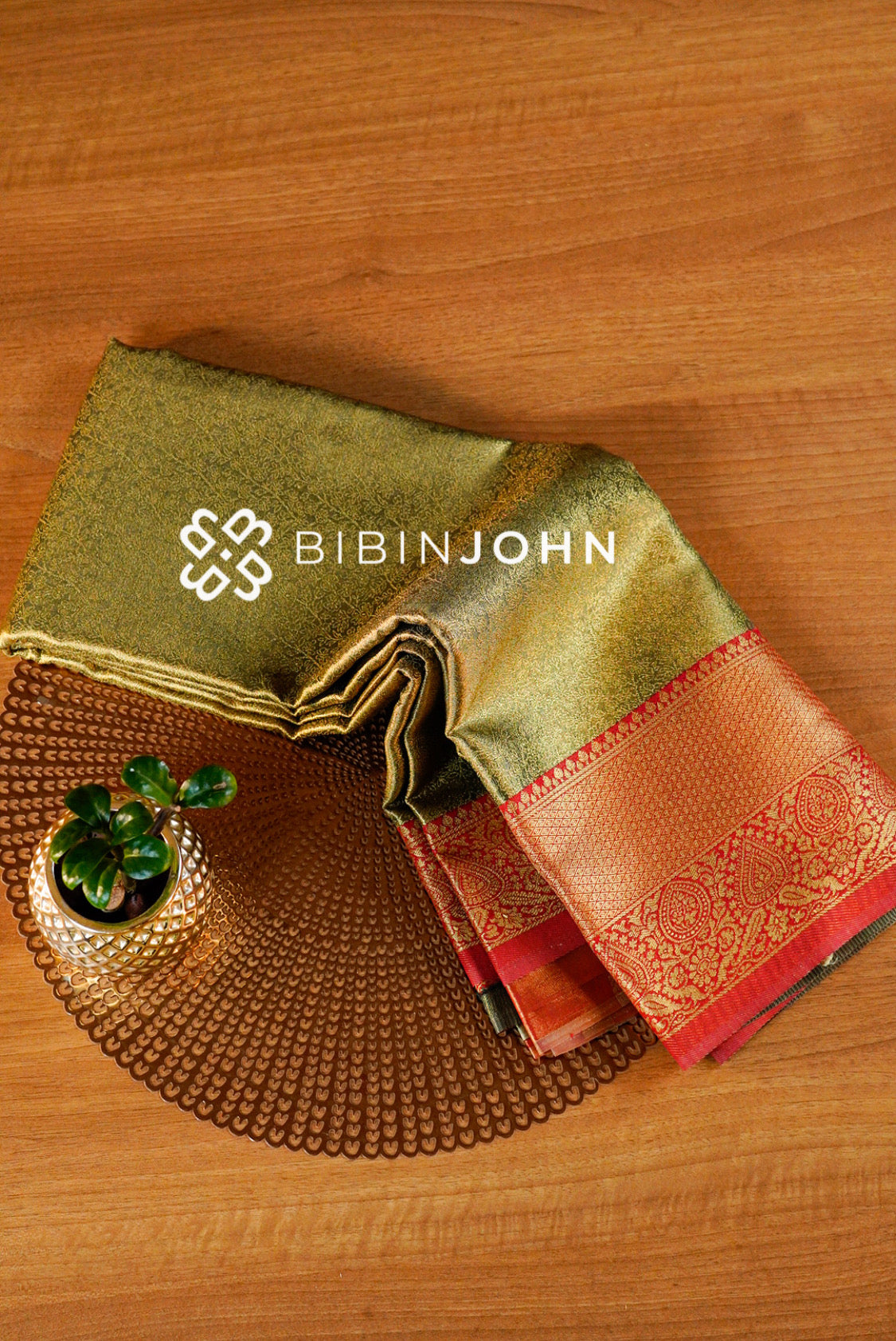Semi Tissue Silk Saree For Women Antique Olive Gold with Bright Red