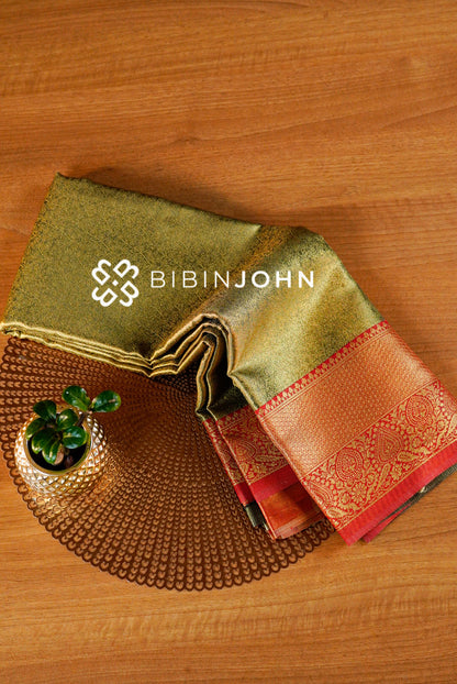 Semi Tissue Silk Saree For Women Antique Olive Gold with Bright Red