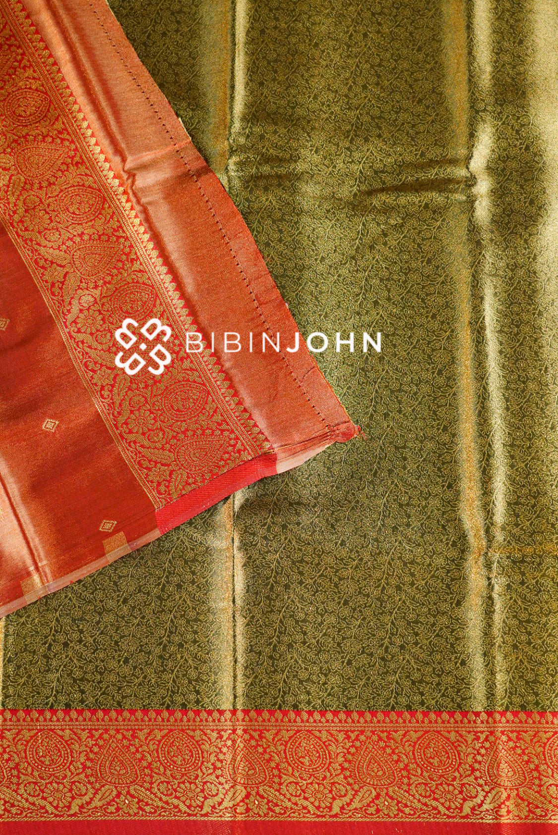 Semi Tissue Silk Saree For Women Antique Olive Gold with Bright Red close view