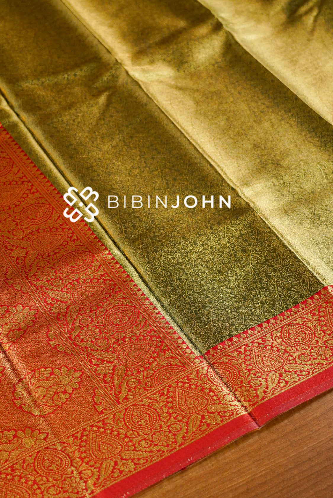 Semi Tissue Silk Saree For Women Antique Olive Gold with Bright Red pallu