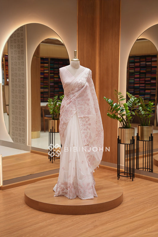 Organza Embroidery Saree For Women Blush Ivory 