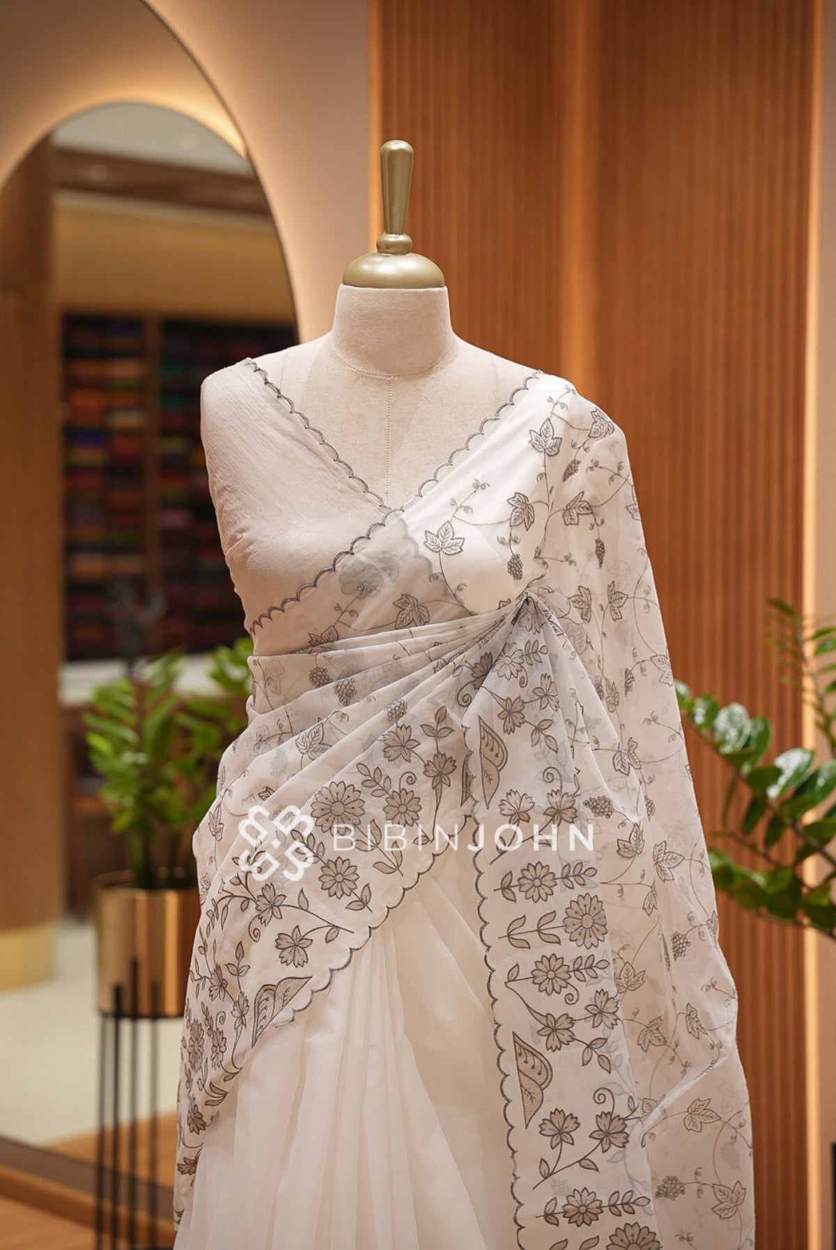 Organza Embroidery Saree For Women Ivory white  CLOSE VIEW