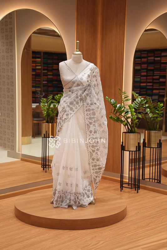 Organza Embroidery Saree For Women Ivory white 