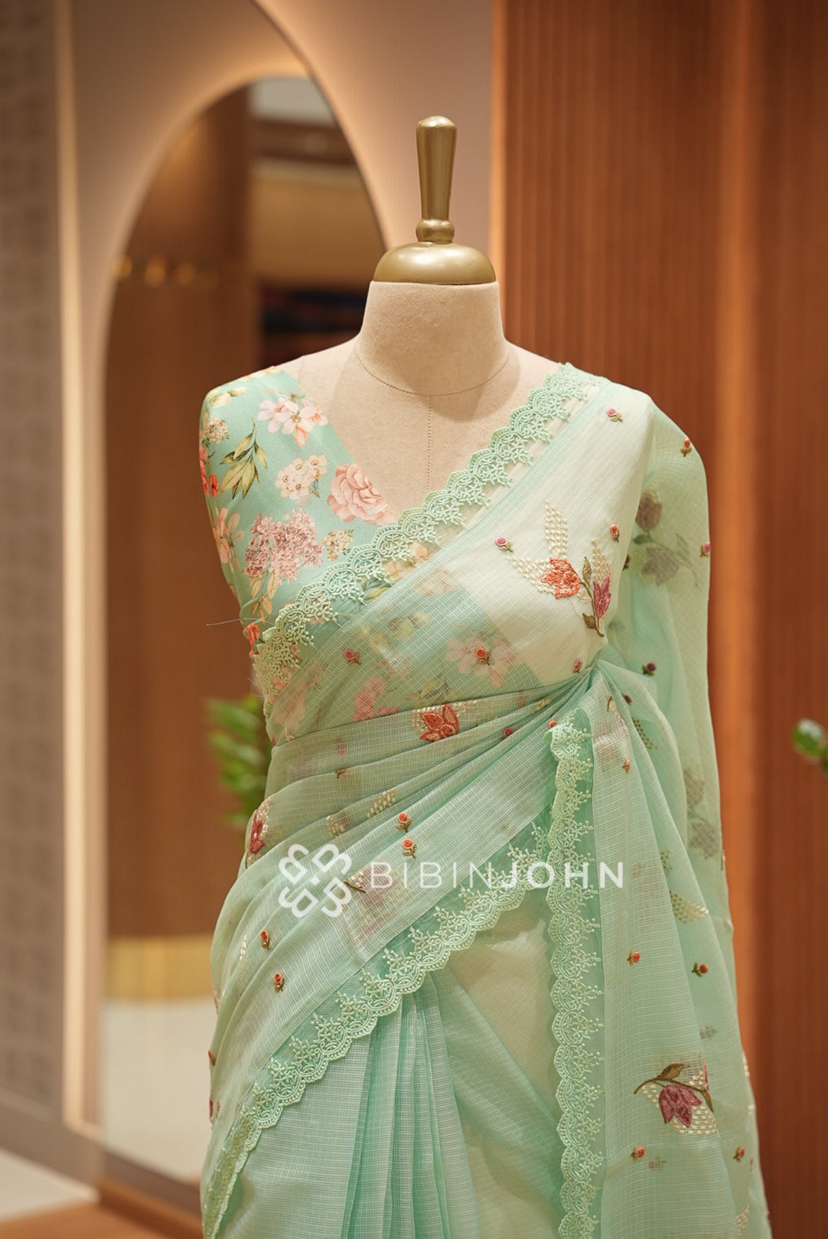 Cotta Embroidery Saree For Women Mint Green  CLOSE VIEW