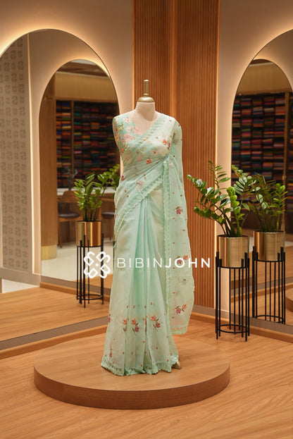 Cotta Embroidery Saree For Women Mint Green 
