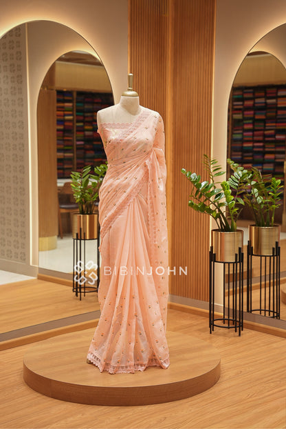 Cotta Embroidery Saree For Women Peach Blush