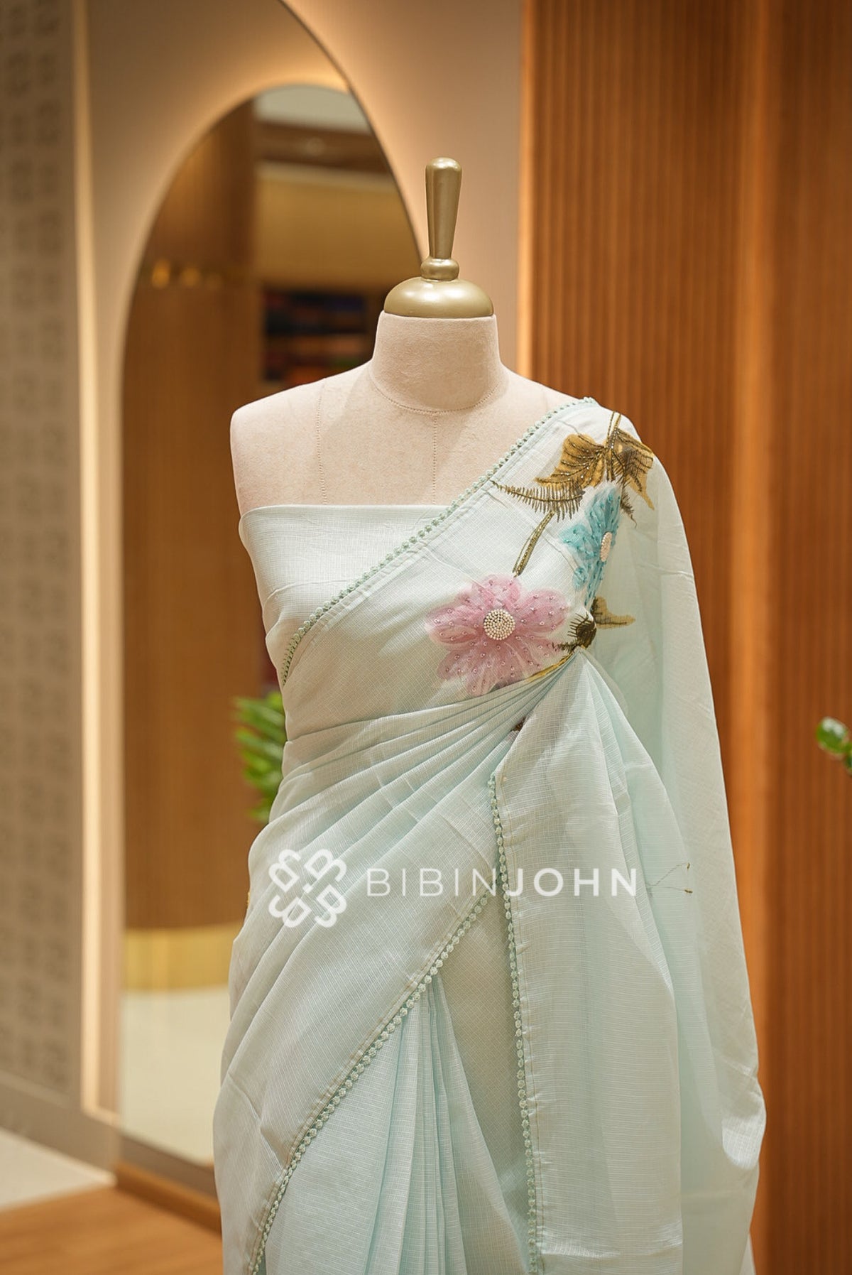 Cotta Embroidery Saree For Women Ice Blue  CLOSE VIEW