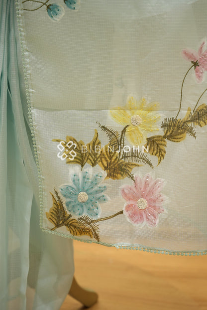 Cotta Embroidery Saree For Women Ice Blue  PALLU