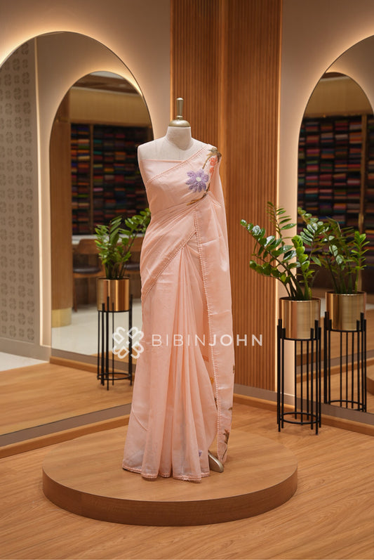 Cotta Embroidery Saree For Women Peach Blush