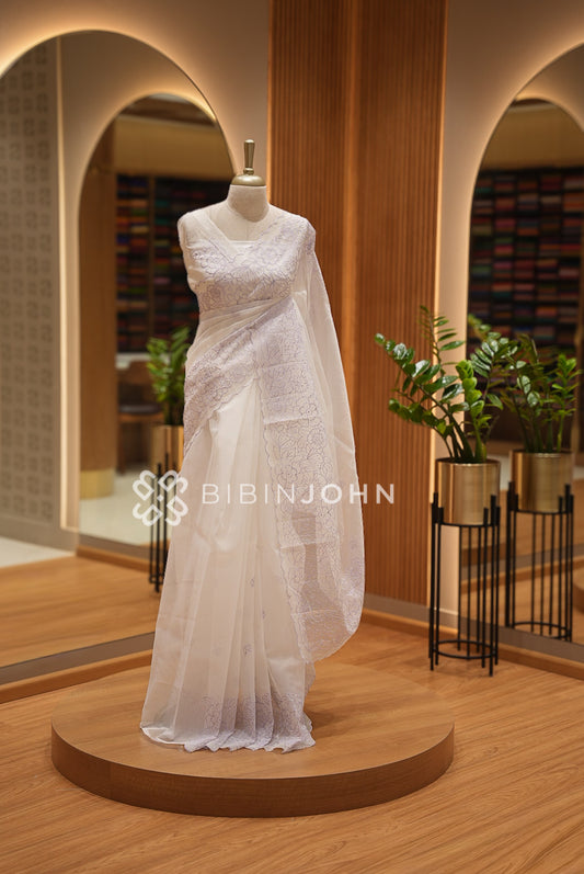 Organza Embroidery Saree For Women Ivory White with Light Lavender BJ1374
