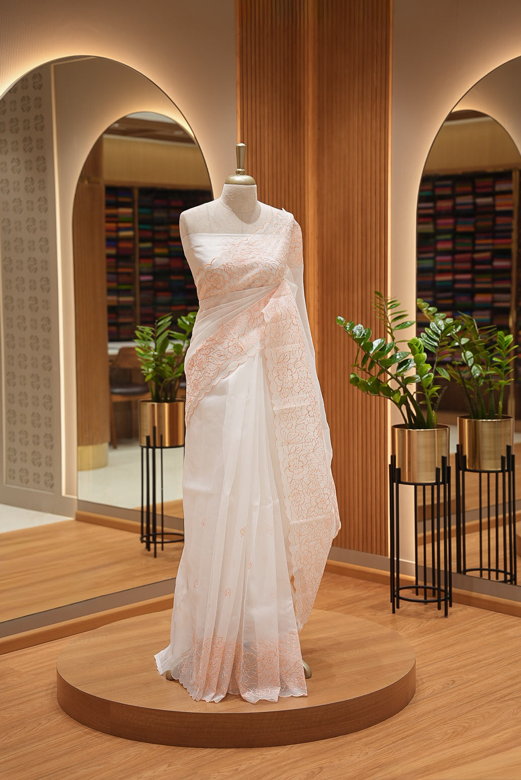 Organza Embroidery Saree For Women Ivory White with Peach BJ1376