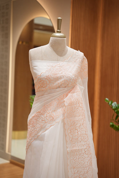 Organza Embroidery Saree For Women Ivory White with Peach BJ1376