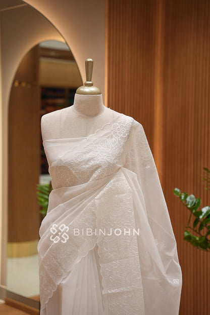 Organza Embroidery Saree For Women White BJ1377