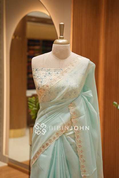 Cotta Embroidery Saree For Women Light Aqua BJ1378