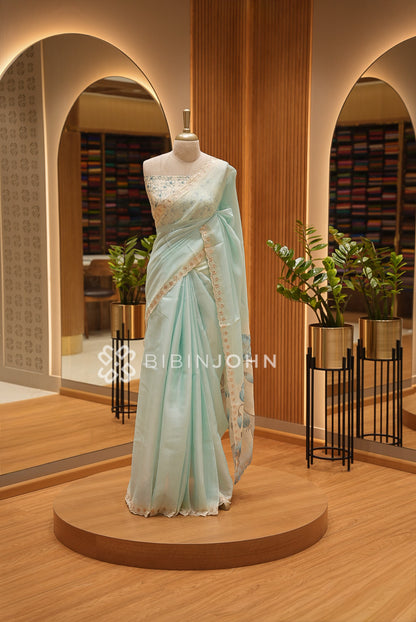 Cotta Embroidery Saree For Women Light Aqua BJ1378