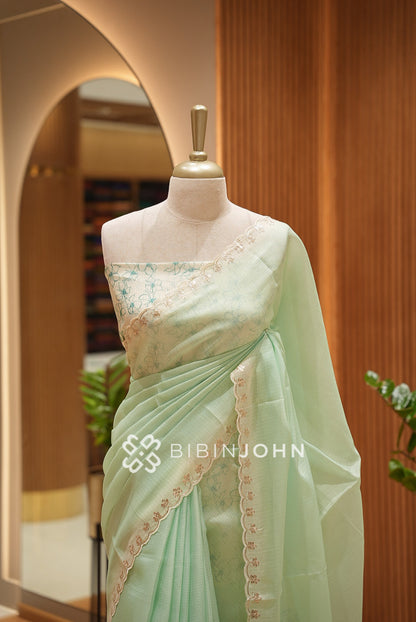 Cotta Embroidery Saree For Women Mint Green BJ1379