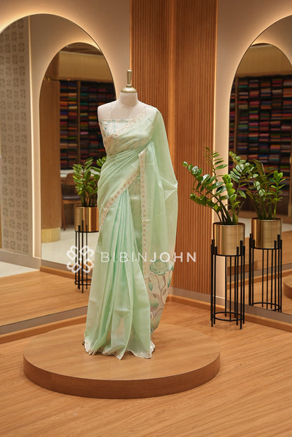 Cotta Embroidery Saree For Women Mint Green BJ1379