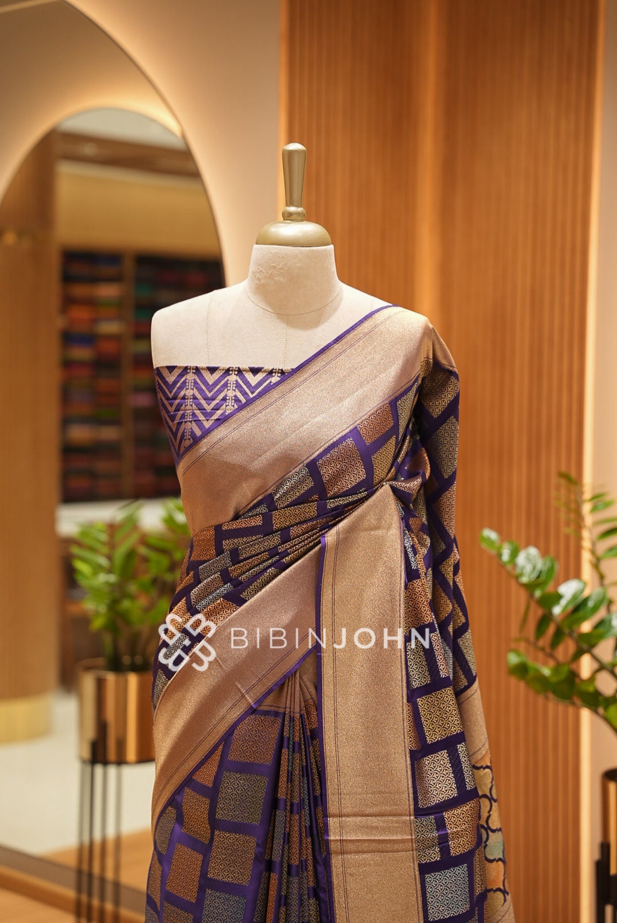 Silk Brocade Saree For Women Metallic Gold with Royal Purple BJ1380