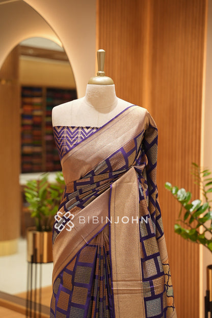 Silk Brocade Saree For Women Metallic Gold with Royal Purple BJ1380