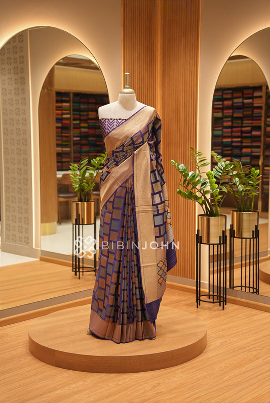 Silk Brocade Saree For Women Metallic Gold with Royal Purple BJ1380