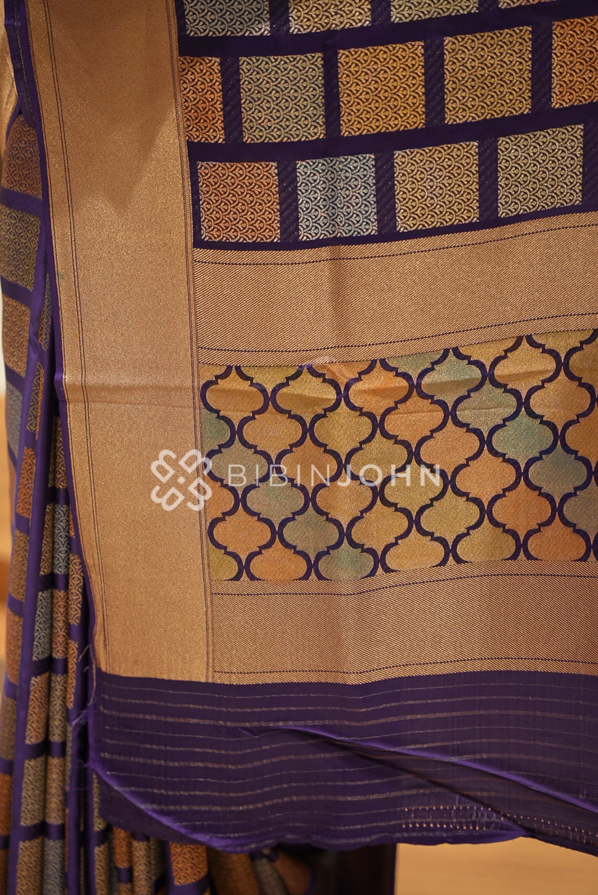 Silk Brocade Saree For Women Metallic Gold with Royal Purple BJ1380