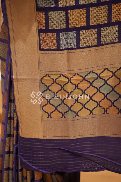 Silk Brocade Saree For Women Metallic Gold with Royal Purple BJ1380