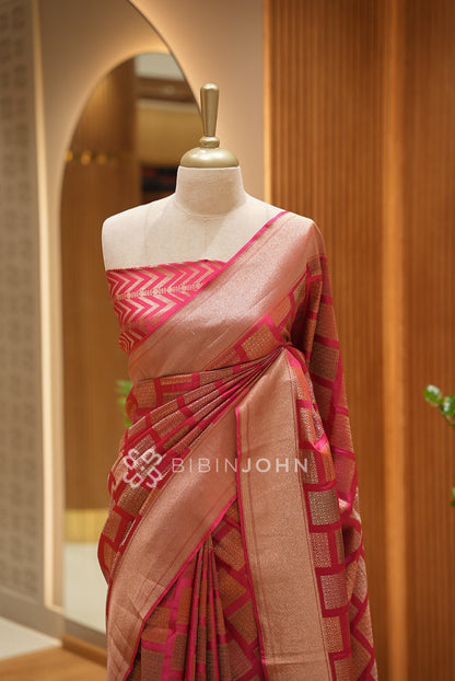 Silk Brocade Saree For Women Antique Rose Gold with Rani Pink BJ1381