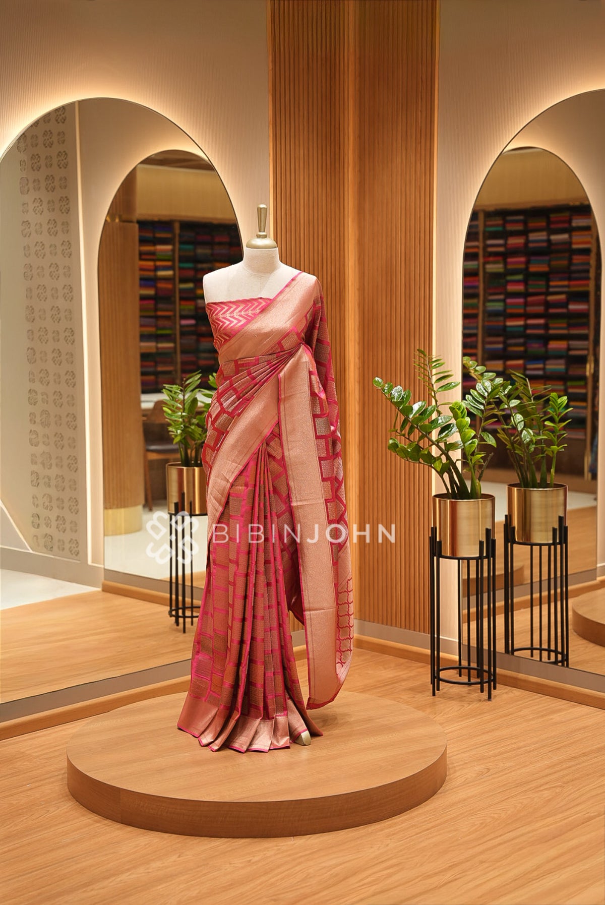 Silk Brocade Saree For Women Antique Rose Gold with Rani Pink BJ1381
