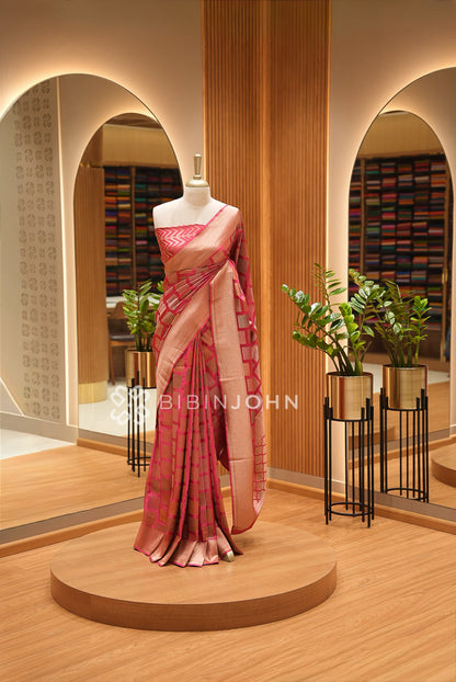 Silk Brocade Saree For Women Antique Rose Gold with Rani Pink BJ1381