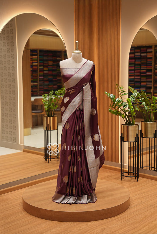 Silk Brocade Saree For Women Deep Wine-Maroon BJ1388