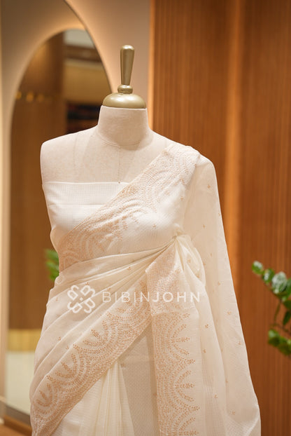 Cotta Embroidery Saree For Women Off White with Beige BJ1390