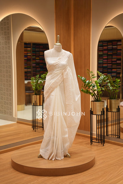 Cotta Embroidery Saree For Women Off White with Beige BJ1390