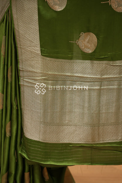 Silk Brocade Saree For Women Olive Green BJ1391