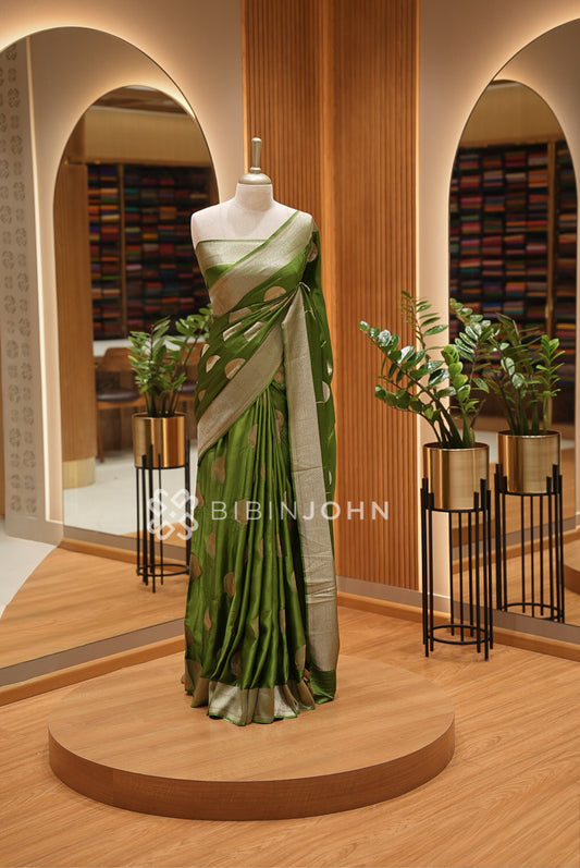 Silk Brocade Saree For Women Olive Green BJ1391