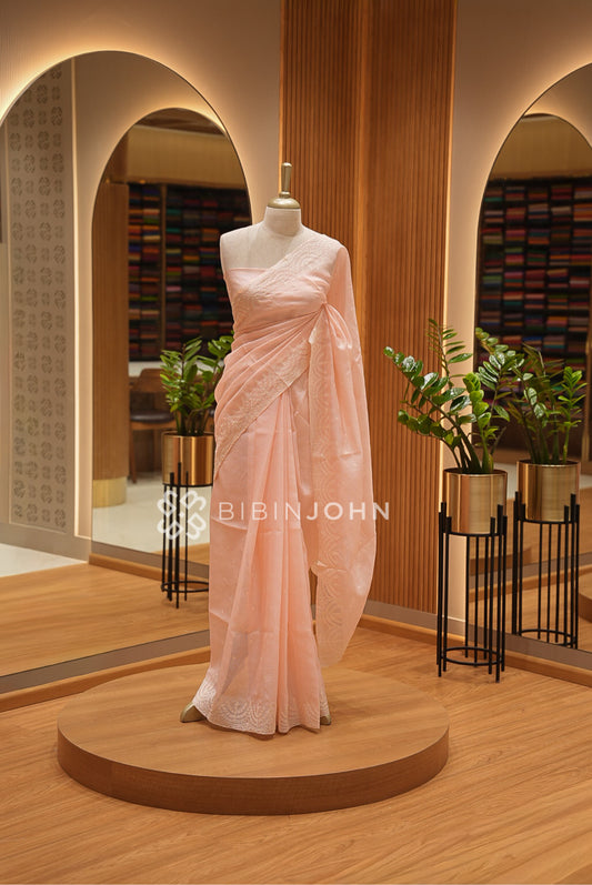 Cotta Embroidery Saree For Women Pale Peach Pink BJ1395