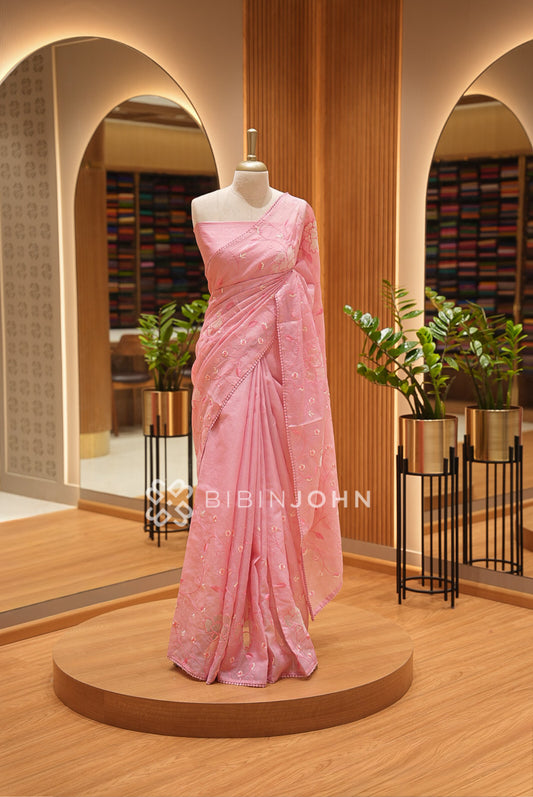 Cotta Embroidery Saree For Women Rose Pink BJ1396