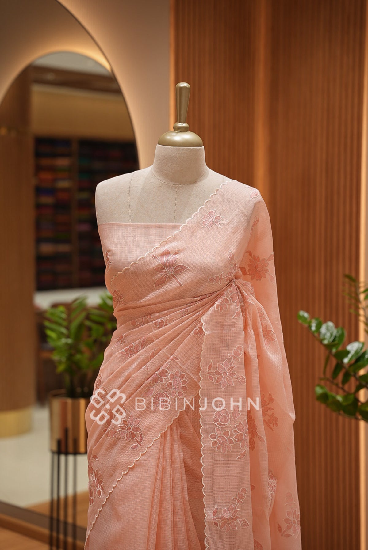 Cotta Embroidery Saree For Women Peach Pink BJ1397