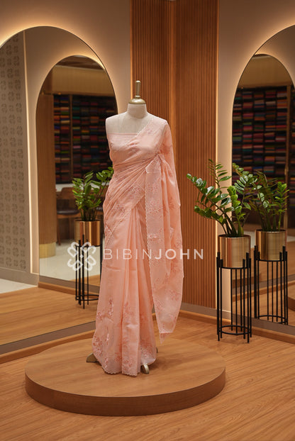 Cotta Embroidery Saree For Women Peach Pink BJ1397