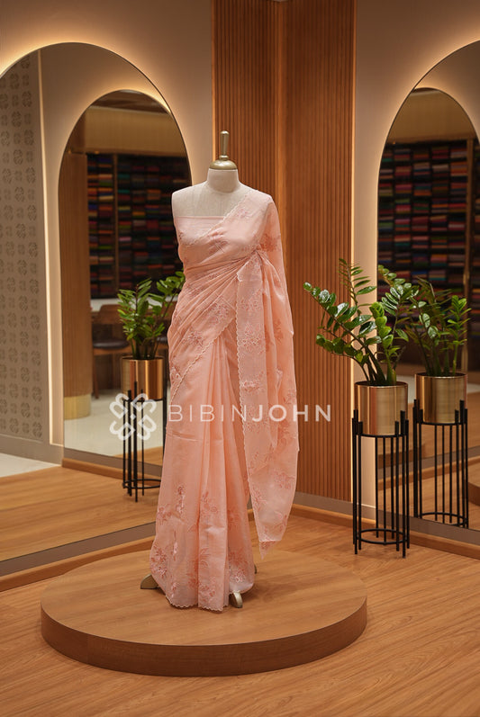 Cotta Embroidery Saree For Women Peach Pink BJ1397