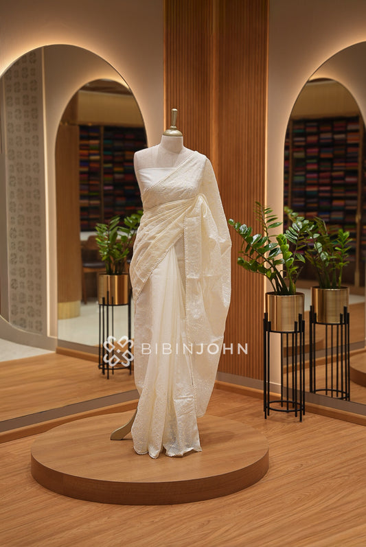 Cotta Embroidery Saree For Women Ivory-Cream BJ1405